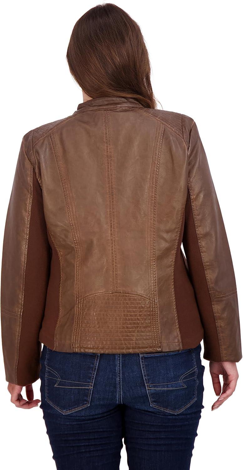 imageSebby Collection Womens Faux Leather Jacket with Moto Details and Front Zip PocketsWhiskey