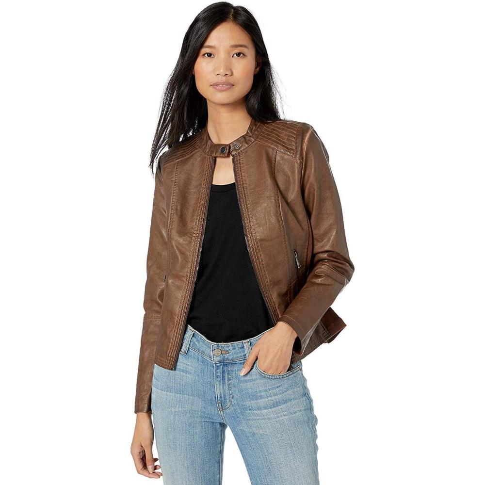 imageSebby Collection Womens Faux Leather Jacket with Moto Details and Front Zip PocketsWhiskey