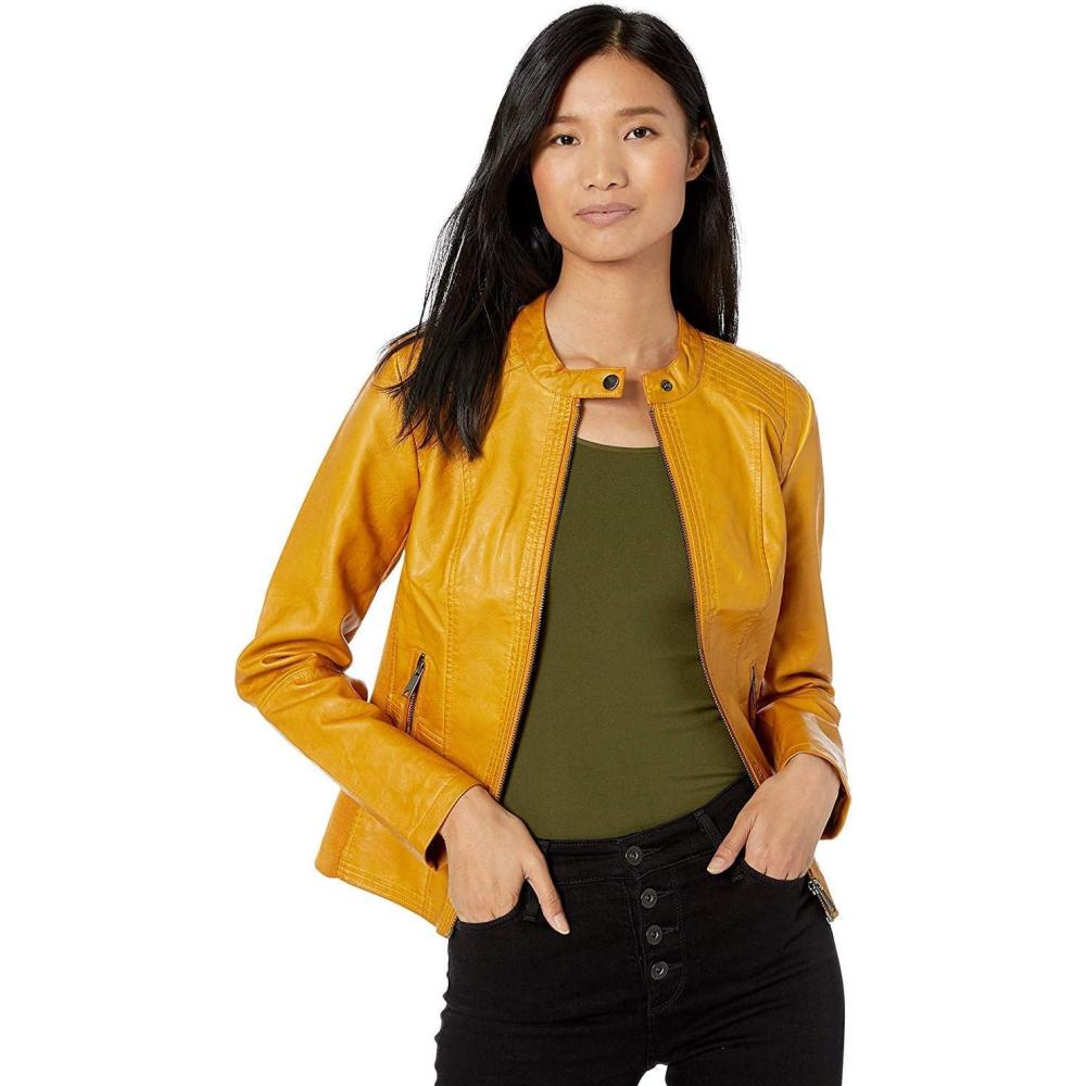 imageSebby Collection Womens Faux Leather Jacket with Moto Details and Front Zip PocketsYellow