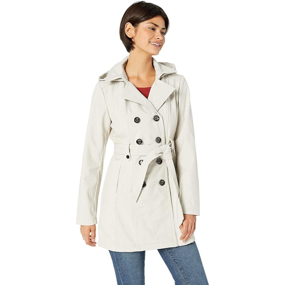 imageSebby Collection Womens Soft Shell Trench Coat with Detachable HoodStone