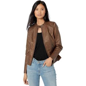 Sebby Collection Women’s Faux Leather Jacket with Moto Details and Front Zip Pockets(Whiskey)