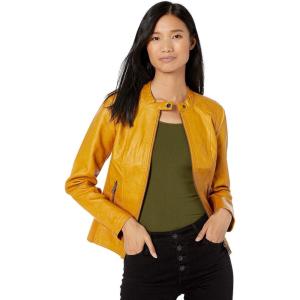 Sebby Collection Women’s Faux Leather Jacket with Moto Details and Front Zip Pockets(Yellow)