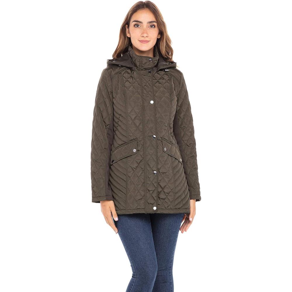 imageSebby Collection Womens Quilted Jacket with Detachable Hood Olive